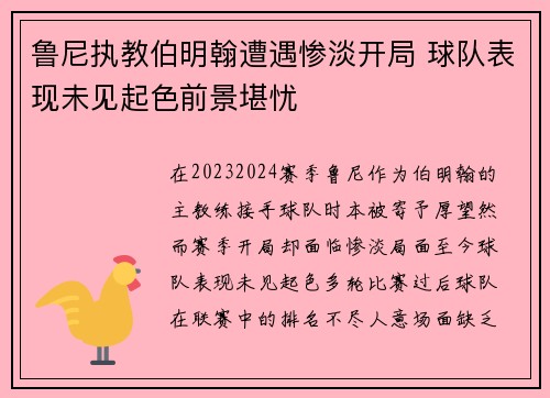 鲁尼执教伯明翰遭遇惨淡开局 球队表现未见起色前景堪忧 鲁尼执教伯明翰遭遇惨淡开局 球队表现未见起色前景堪忧