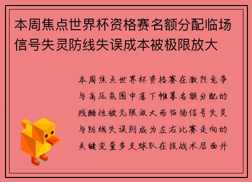 本周焦点世界杯资格赛名额分配临场信号失灵防线失误成本被极限放大